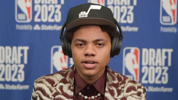 Utah Jazz draft pick Keyonte George post-draft.